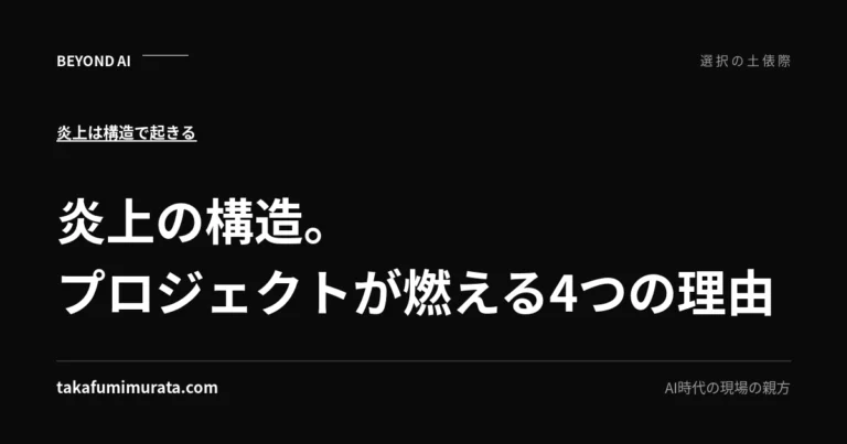 炎上の構造。プロジェクトが燃える4つの理由と書かれた記事用ビジュアル。